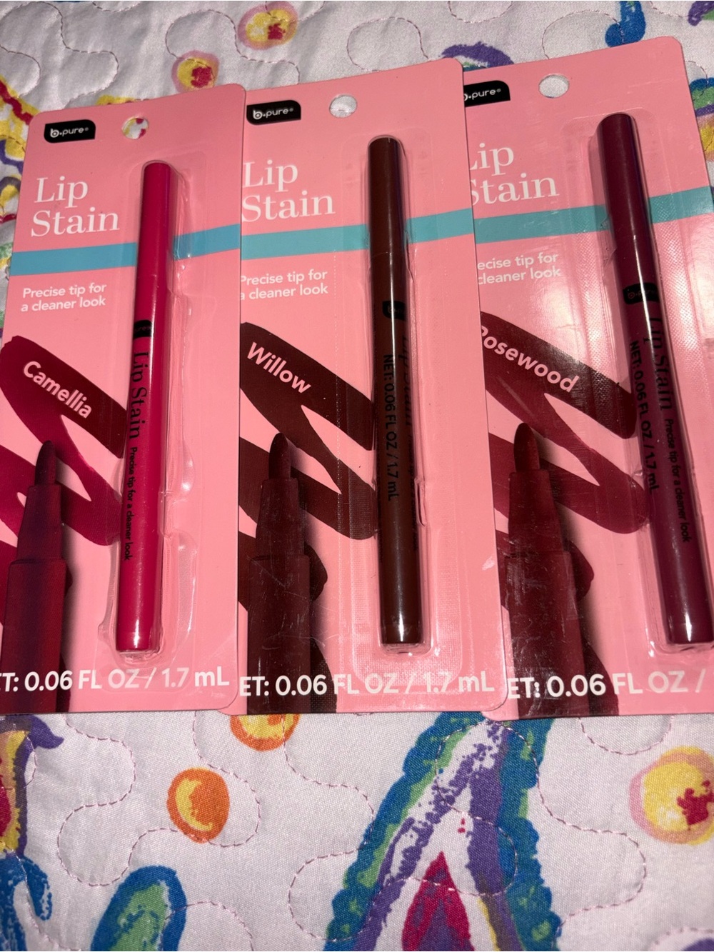 b-pure Lip Stain Trio — Camellia (Pink), Willow (Brown), Rosewood (Mauve-Pink)